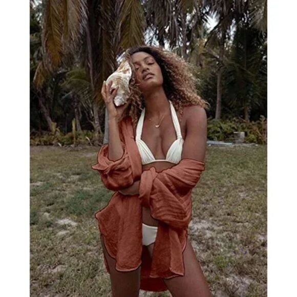 New Women’s Bikini Swimsuit Cover Up Button Down Bathing Suit, Clay - Picture 6 of 7